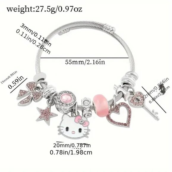 Hello Kitty Charm Bracelet Sanrio Rhinestone Heart Key Emo Beads Stylish Rave - Picture 4 of 4